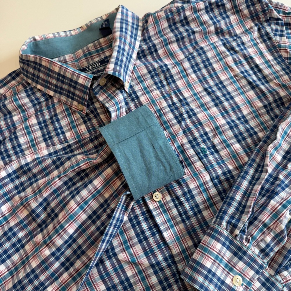 IZOD Mens XXL Premium‎ Essentials Plaid Button Down Shirt Blue Teal Long Sleeve